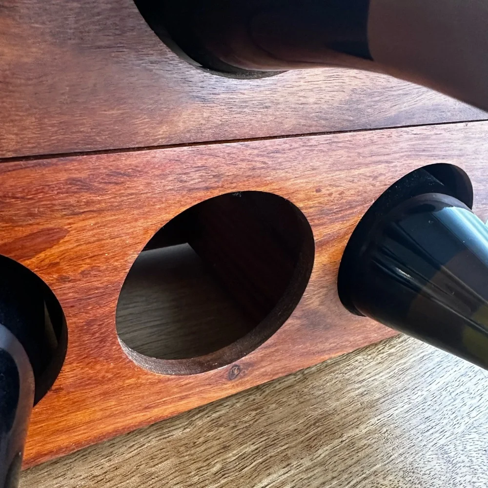 | crate & barrel • 10 bottle wooden wine rack • medium brown |